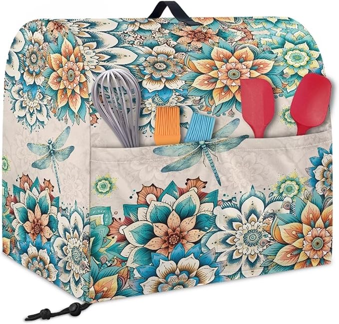 Stand Mixer Covers Compatible with 4.5-5 Quarts Boho Flower with Dragonfly Kitchen Aid Stand Mixer Dust Protector Cover Organizers with Handle Pocket