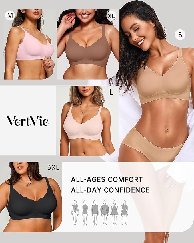 Vertvie Womens Seamless Bras No Underwire Supportive Wireless Push Up Full Coverage Bralette Comfort Scalloped T-Shirt Bra