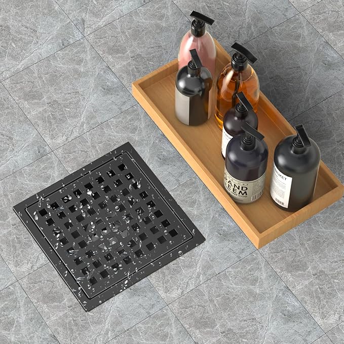 6 Inch Shower Drain Matte Black, Square Bathroom Floor Drain, Stainless Steel Drain Kit with Flange, Removable Grid Cover, Hair Strainer