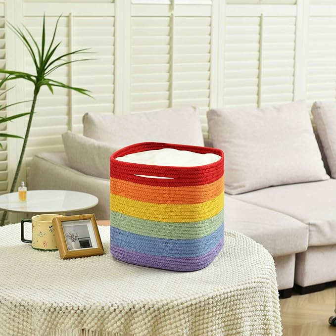 3 Pack Storage Cubes 11 Inch Cotton Rope Woven Baskets for Organizing Cube Bin Square Shelves Organizer,Classroom,Kids Toy Bins,Closet,Baby Nursery(Rainbow)