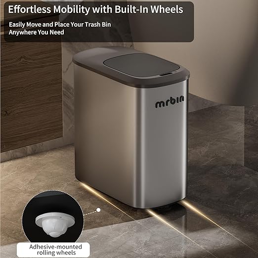 MRBIN Stainless Steel Motion Sensor Bathroom Trash Can, 10L / 2.6gal Slim Smart Toilet Waste Basket with Lid, Automatic Touchless Kitchen Bucket for Narrow Restroom, Vanity, Rv, Eclipse Grey