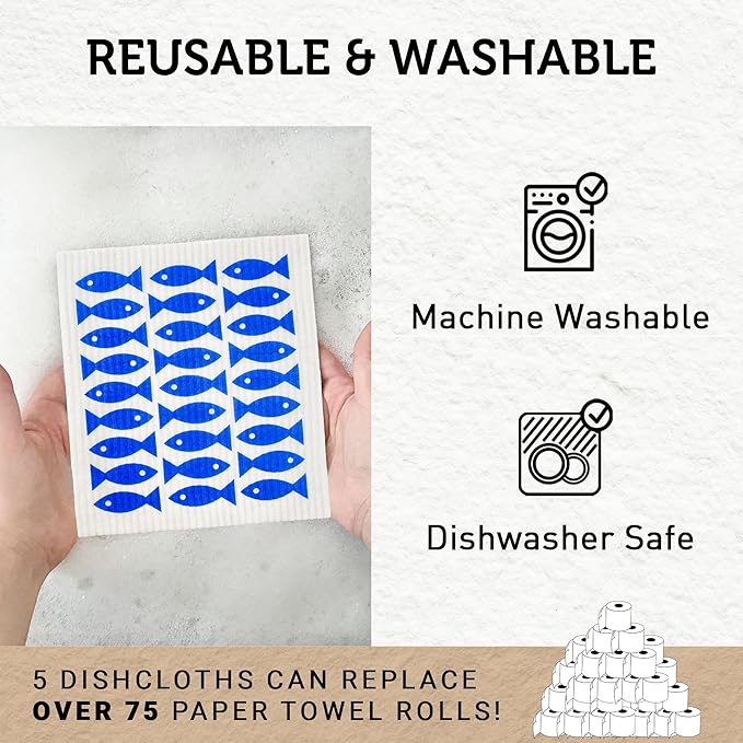 Nordhus Design Swedish Dishcloths,5 Fish Cloths, Made in Sweden - Reusable, Washable Cellulose Cotton Kitchen Cloths - Replace Paper Towels, Wipes, Sponges, Dish Rags