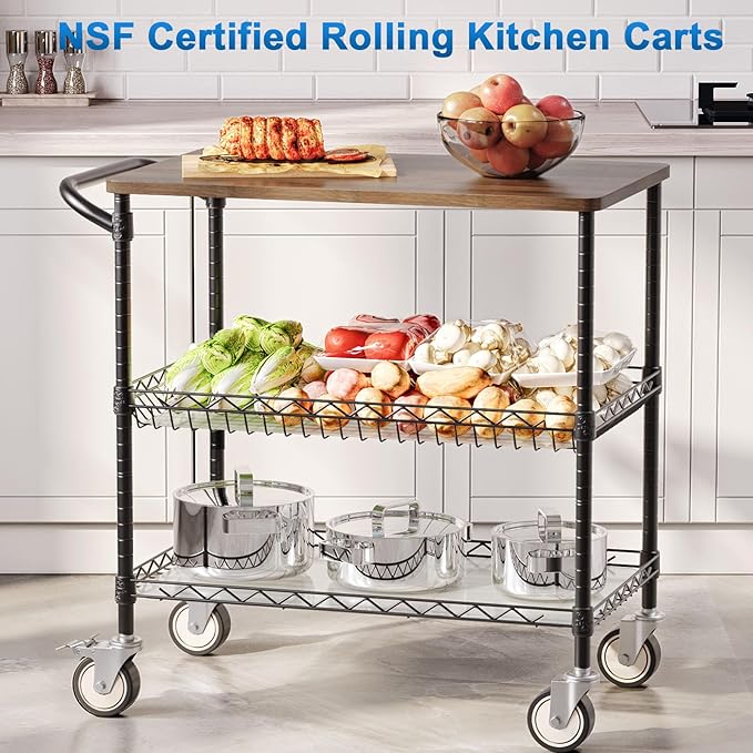 Leteuke Rolling Kitchen Carts with Wheels, 34" L x 17.5" W, 3-Tier Heavy Duty Utility Cart with Wood Tabletop, NSF Commercial Metal Serving Cart with Handle and Shelf Liner for Kitchen, Black