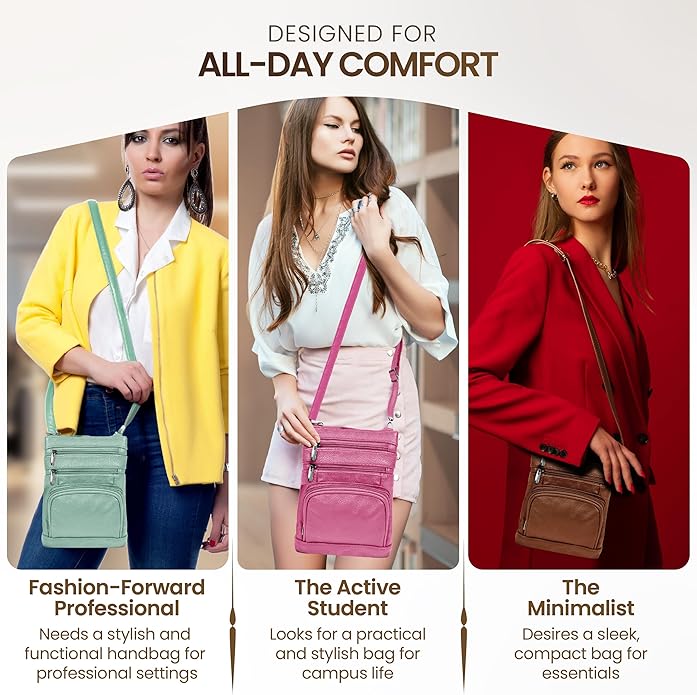 Krediz leather Crossbody Purses for Women, Multi Pocket Crossbody Purse with Adjustable Strap, Soft & Durable Leather Purse