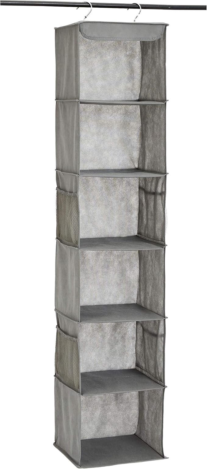 Amazon Basics 6-Tier Hanging Closet Shelf Organizer With Pockets, 8.5" D x 12" W x 9" H, Grey