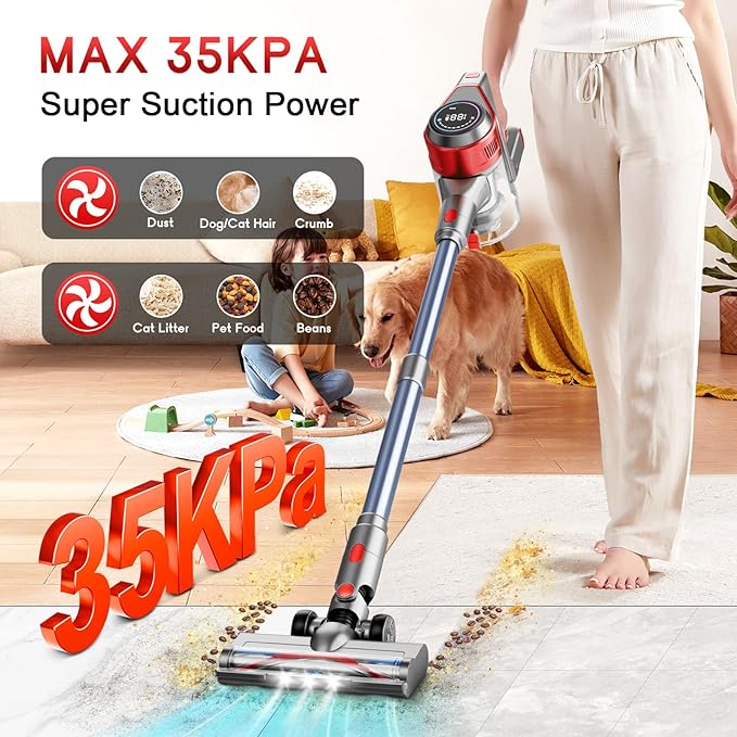 Cordless Stick Vacuum Cleaner - Rechargeable, 35Kpa Powerful Vacuums with Detachable Battery Display, Max 45Mins Runtime, 8 in 1 Handheld Vacuum for Hardfloor & Carpets Pet Hair