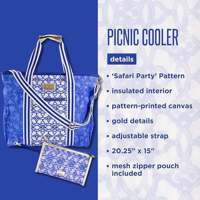 Lilly Pulitzer Picnic & Beach Cooler Bag, Insulated Soft Cooler with Adjustable Strap, Zippered Top & Pocket, Large for Groceries or Travel, Safari Party
