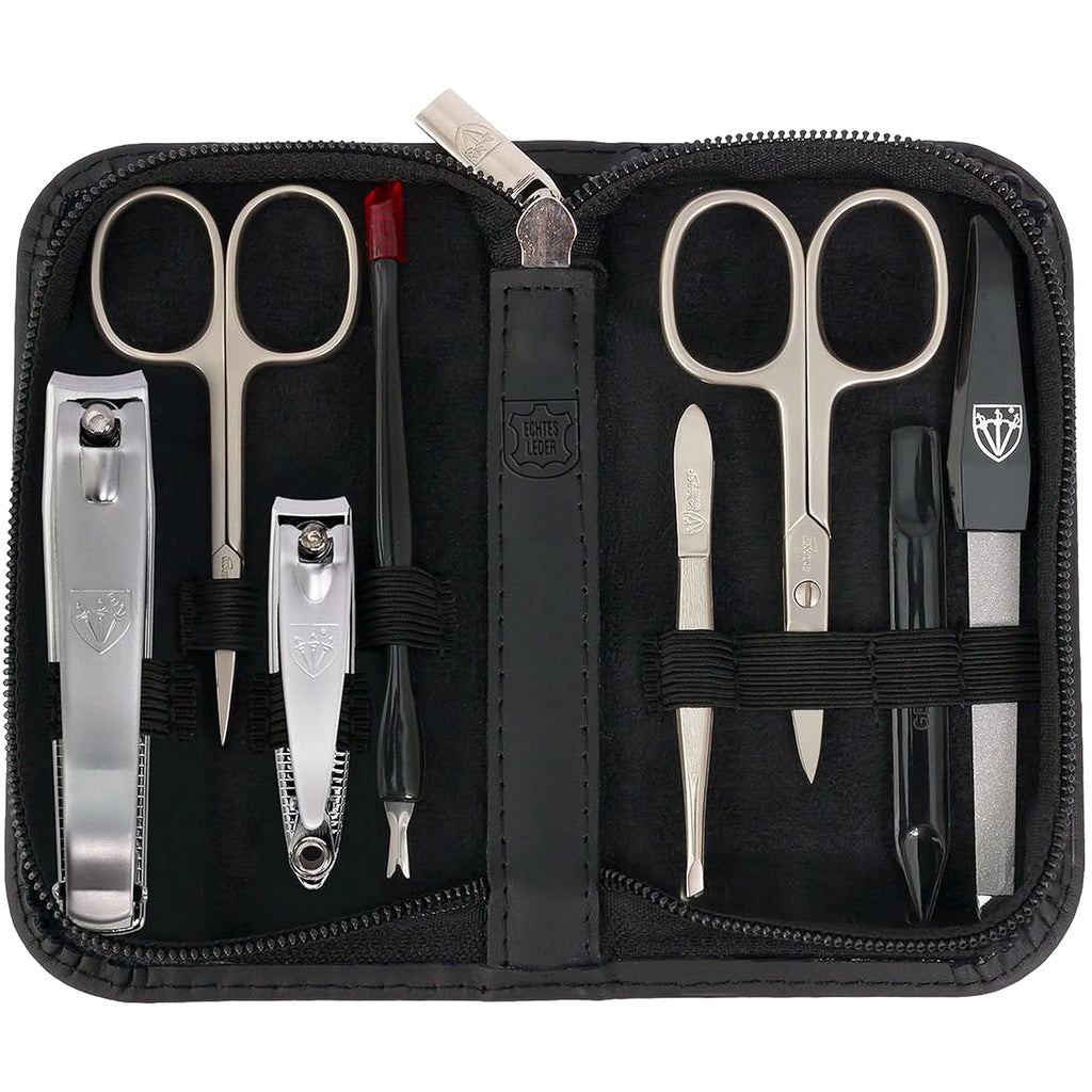 3 Swords Germany – brand quality 8 piece manicure pedicure grooming kit set for professional nail care with genuine leather case black - Made in Germany