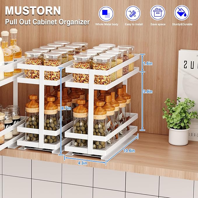 2 Pack Pull Out Spice Rack Organizer for Cabinet, 2 Tier Metal Slide Out Seasoning Organizer and Storage Heavy Duty Vertical Spice Rack Shelf Pullout for Kitchen Cabinets No Drilling (White)
