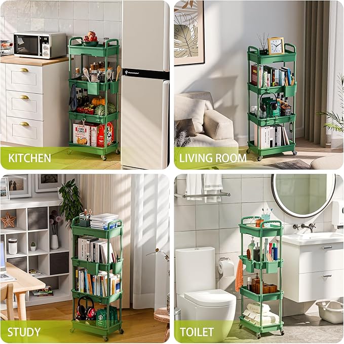4 Tier Rolling Cart Organizer,Art Craft Diaper Bedside Snack Laundry Room Bathroom Organizer Narrow Thin Slim Rolling Trolley Utility Cart with Wheels for Kitchen,Office(Green)
