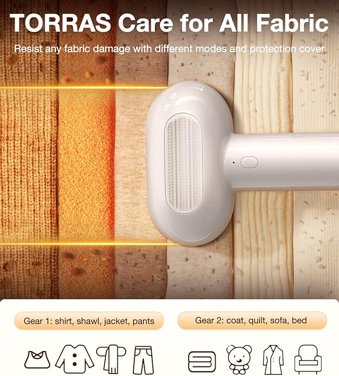 TORRAS Dual-Head Fabric Shaver, Longest Durability & 50ml Large Capacity Rechargeable Lint Removers to Remove Pills, 6-Leaf Blades Defuzzer, Electric Shaver for Clothes Couch Furniture, Pearl White