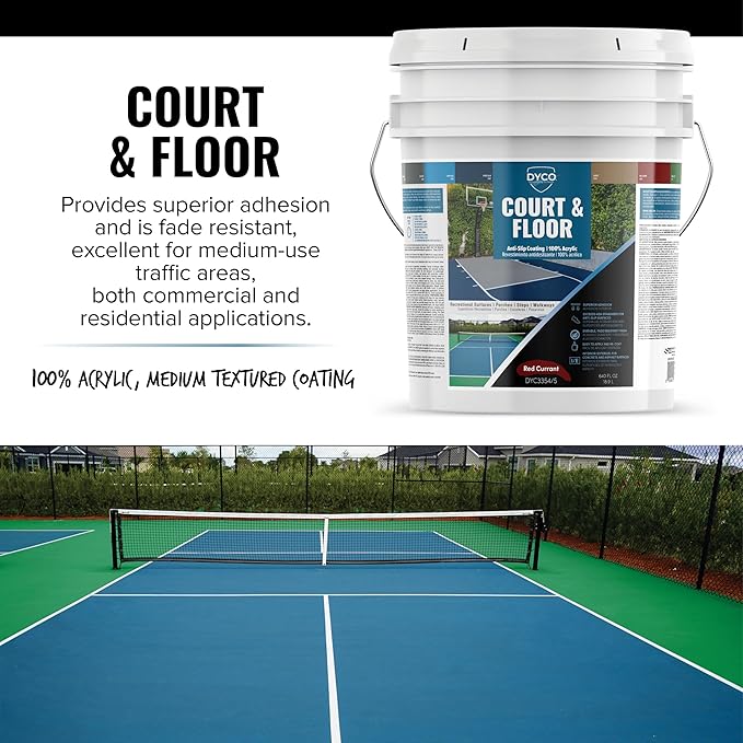 DYCO Court & Floor Anti-Slip Coating - Slip-Resistant Pavement, Cement & Concrete Paint for Pickleball, Tennis & Basketball Courts, Exceeds ADA Standards for Safety Areas (Red Currant, 5 Gallons)