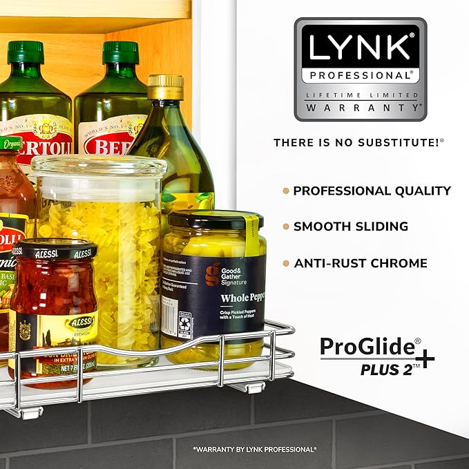 LYNK PROFESSIONAL® Pull Out Spice Rack Organizer for Inside Kitchen Cabinets - 10-1/4 inch Wide - Slide Out Drawer – Chrome Sliding Spice Cabinet Organization Shelf Racks - 1 Tier