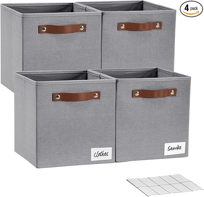 Collapsible Fabric Storage Cube Bins with 2 Reinforced PU Handles, Foldable Storage Organizer Baskets for Closet, Shelves, Living Room | 11"x11"x11", 4 Pack, Full Gray