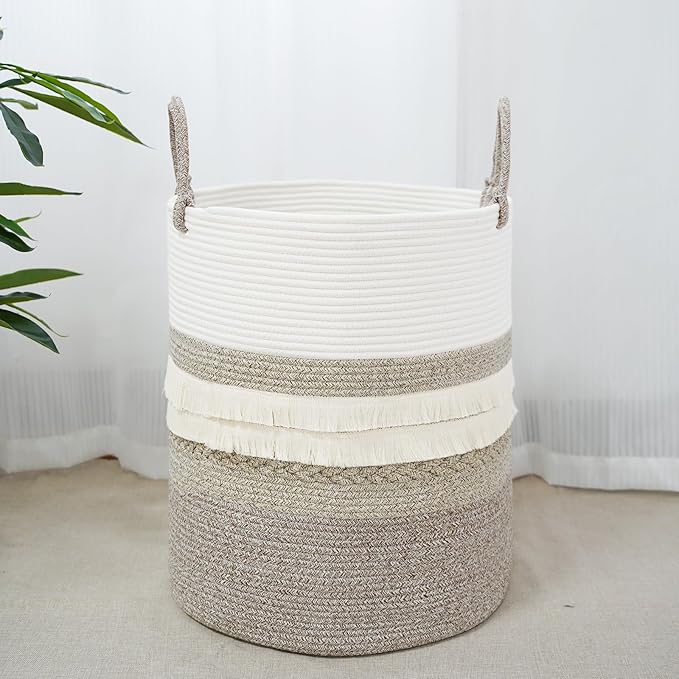 danpinera 79 L Large Laundry Basket, Tall Woven Cotton Storage Hamper with Handles, Dirty Clothes Hamper in Bathroom, Decorative Storage Basket for Living Room Gradient Brown