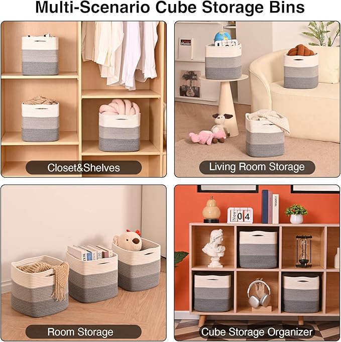11 Inch Cube Storage Bins, Storage Cube Organizer Bins, Woven Cotton Rope Basket for Storage, Storage Baskets for Organizing Shelves, Grey Baskets for Toys, Gradient Grey (Pack of 3)