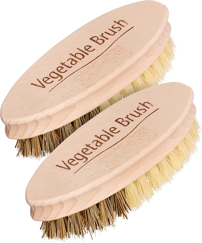 REDECKER Hard and Soft Side Vegetable Brush, Set of 2, Beechwood Handle, 2 Different Bristle Strengths for Cleaning Delicate Vegetables, 5-1/4-inches - Wooden Vegetable Brush, Made in Germany