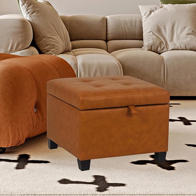 Adeco 17.5" Faux Leather Storage Ottoman with Hinged Lid, 14 Inch High Square Cube Foot Stool with Storage, Upholstered Vanity Stool with Solid Wood Legs for Living Room, Bedroom, Dorm (Warm Orange)