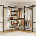 ONBRILL L4 Wall Mounted Industrial Pipe Clothing Rack, Closet Organizer System with 6 Hanging Clothes Rods ( 4 Expandable Rods) & 8 Shelves, Heavy Duty Corner Garment Rack, Large Wardrobe - Black