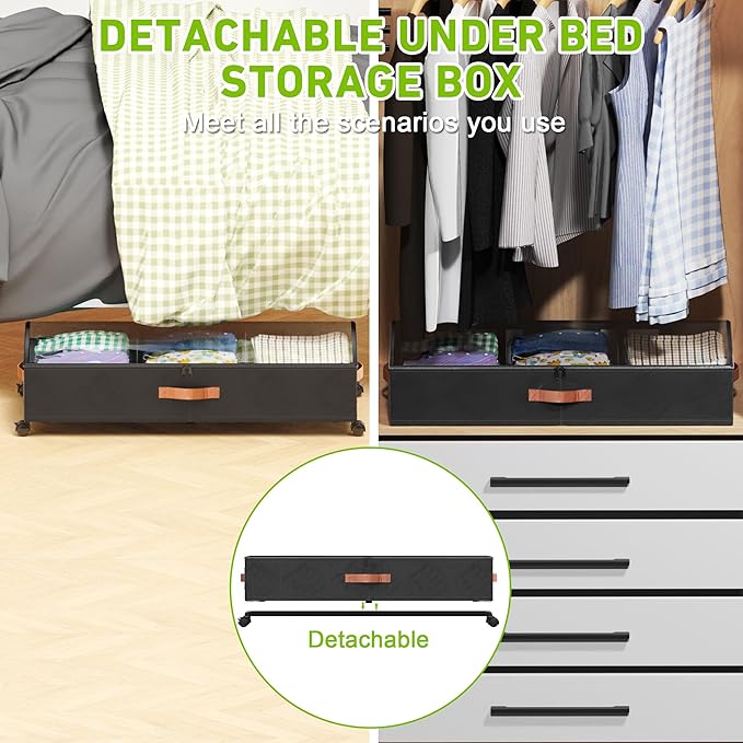 Under Bed Storage with Wheels, 2-Pack Under Bed Storage Containers with Clear Lids, XXL 65L Under the bed storage Organizer Bins, Rolling Under Bed Metal Drawer for Clothes,Shoes,Toys (Black, 2-Pack)