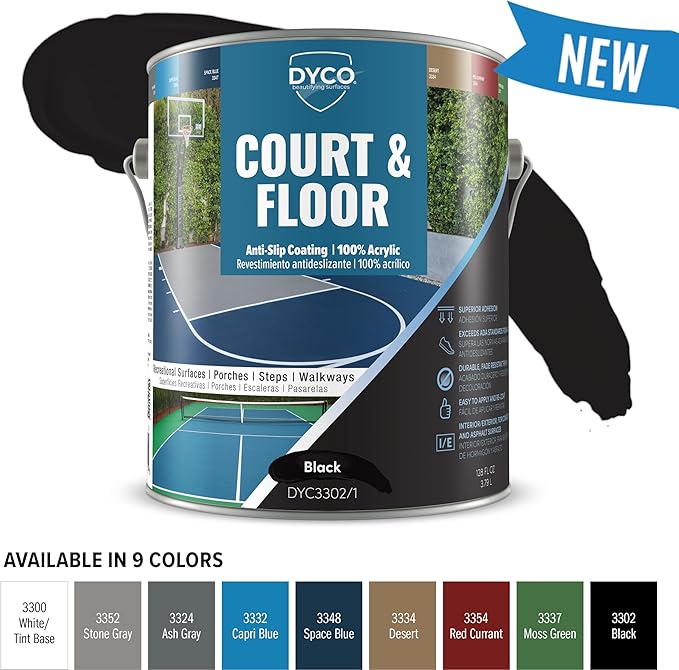 DYCO Court & Floor Anti-Slip Coating - Slip-Resistant Pavement, Cement & Concrete Paint for Pickleball, Tennis & Basketball Courts, Exceeds ADA Standards for Safety Areas (Black, 1 Gallon)