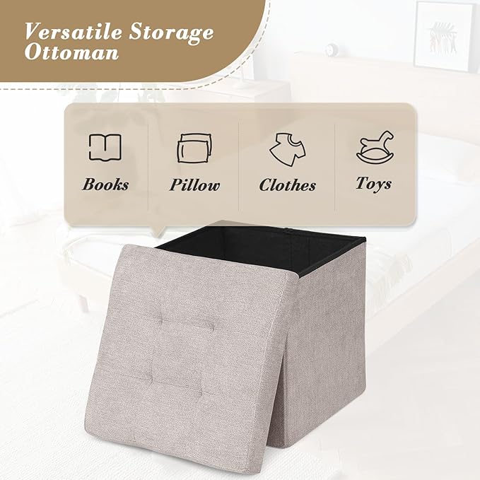 Athena Collection 15" Storage Ottoman Bench Folding Bench with 40L Hidden Storage, Small Cube Ottoman Linen Foot Rest Stool Chest with Flipping Lid for Living Room, Bedroom, Entryway, Sandy Beige
