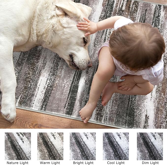 Modern Abstract 4x6 Living Room Washable Rug Non-Slip Soft Bedroom Area Rug Dark Light Brown White Thin Print Faux Wool Floor Carpet Throw Rugs for Nursery Playroom Dining Room Indoor Office