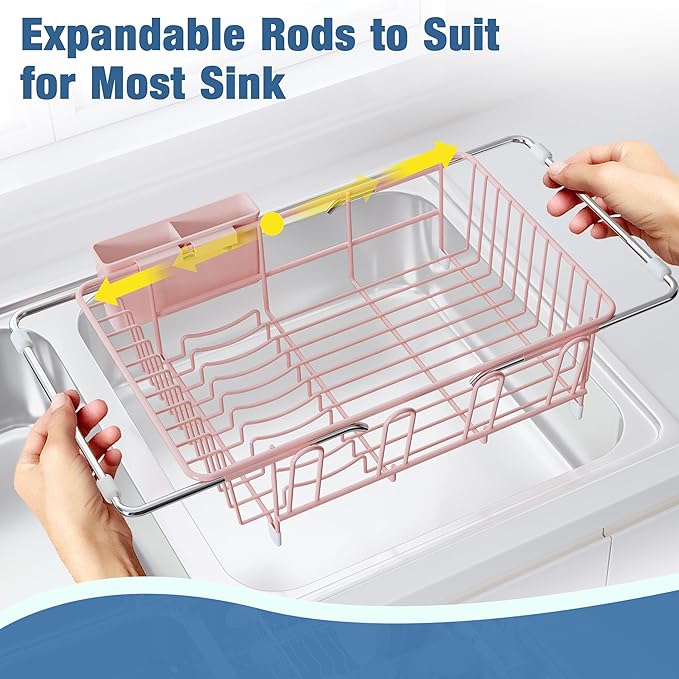 Over the Sink Expandable Dish Drainer Drying Rack In Stainless Steel for Small Kitchen, Counter Space Saving Compact Metal Above Plate Dryer Strainer, Pink Adjustable Hanging Inside Drain Holder