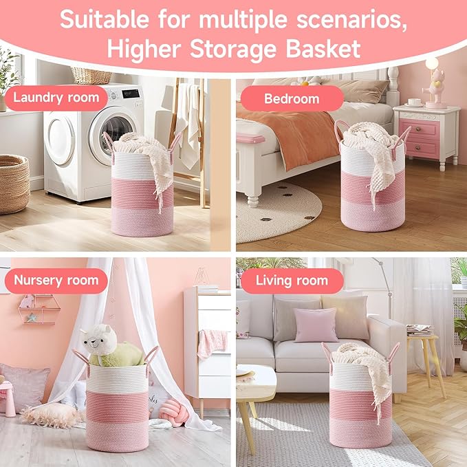 CLHMILY&Z 60L Laundry Basket Round Storage Rope Basket - 15x20.5 Inches - Pink Hamper in Bedreoom and Cute Storage Bin for Blankets, Toys, and Nursery Essentials