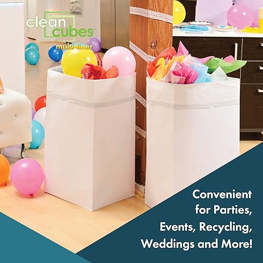 30 Gallon Disposable Pop-Up Trash Cans (3-Pack, Multi-Liner) with Fitted Bags – Foldable Garbage & Recycling Bins for Parties, Events & Kitchen (White 30" H x 14" W x 17" D)