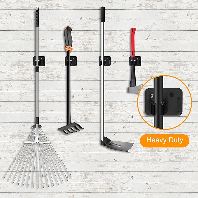 4 Pack Stainless Steel Broom Holder Wall Mount with Hook, Screw Drilling Broom and Mop Organizer Wall Hanging, Heavy Duty Storage Rack for Laundry Garage Closet Garden Tool Organizer, Black