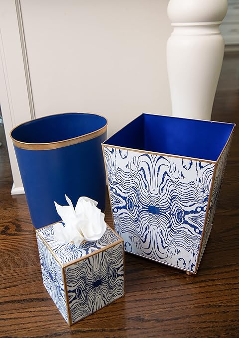 Jaye's Studio Decorative Waste Basket for Bathroom Trash Can Wastebasket, Oval Metal Trash Bin for Bedroom, Office, Blue Garbage Can for Dorm, Blue Trash Can Gold Office Decor, 12" x 10" x 8"