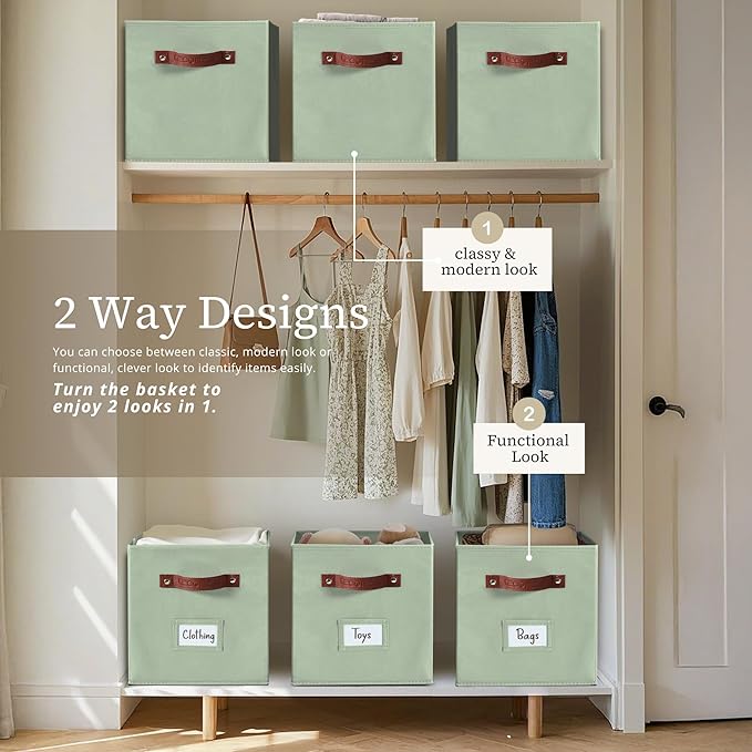 DECOMOMO Storage Bins, Cube Storage Bin with Labels, Fabric Storage Cubes for Shelves (10.5" x 11" / 2pcs, Sage Green)