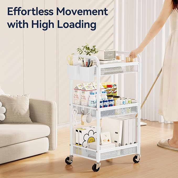 YASONIC 3 Tier Rolling Cart – Metal Utility Storage Cart with Wheels, Craft Carts Organizer with Hanging Cups, Hooks, Mesh Basket for Bedside Kitchen Office Art, White