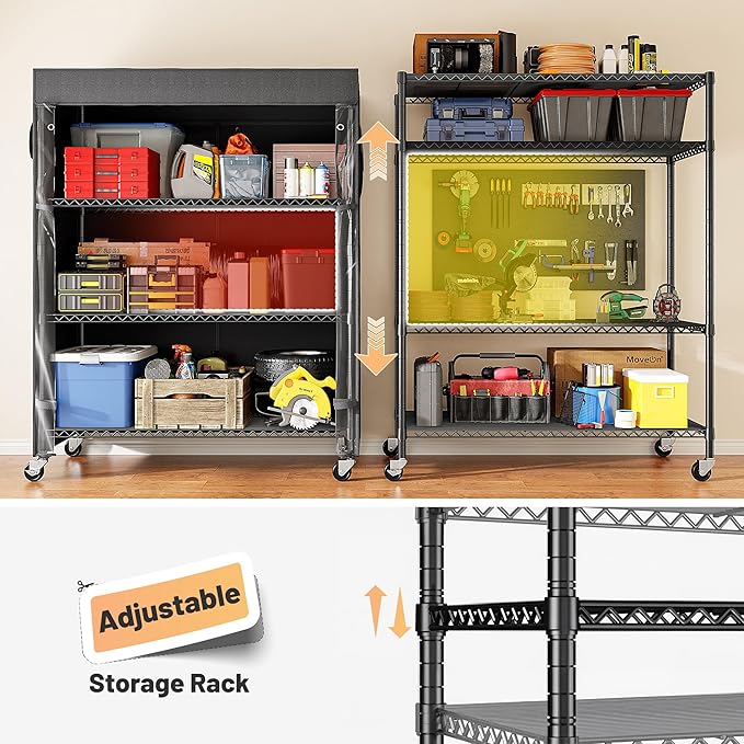 REIBII 4-Tier Storage Shelves Wire Shelving Unit with Cover & Wheels, Heavy Duty Metal Shelving for Dorm Storage Shelves, Garage Storage Rack Commercial Shelf, 36" W*14.3" D*56.5" H