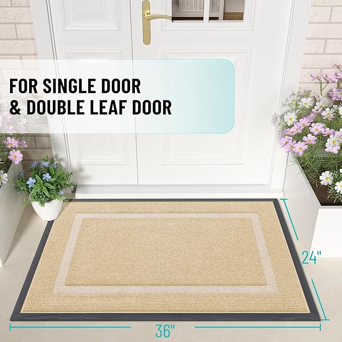 OLANLY Front Door Mat Indoor Outdoor Entrance, Waterproof All-Season, All-Weather Doormat, Sturdy Natural Rubber, Fade Resistant, Low Profile, Easy Clean Patio Porch Entryway Mat, 36x24, Beige