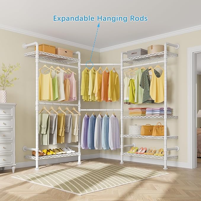 Timate F3 Garment Rack Heavy Duty Clothes Rack for Hanging Clothes, Expandable Industrial Pipe Wall Mounted Clothing Rack, Adjustable Storage Closet Wardrobe Closet Kit Walk in Closet Systems, White