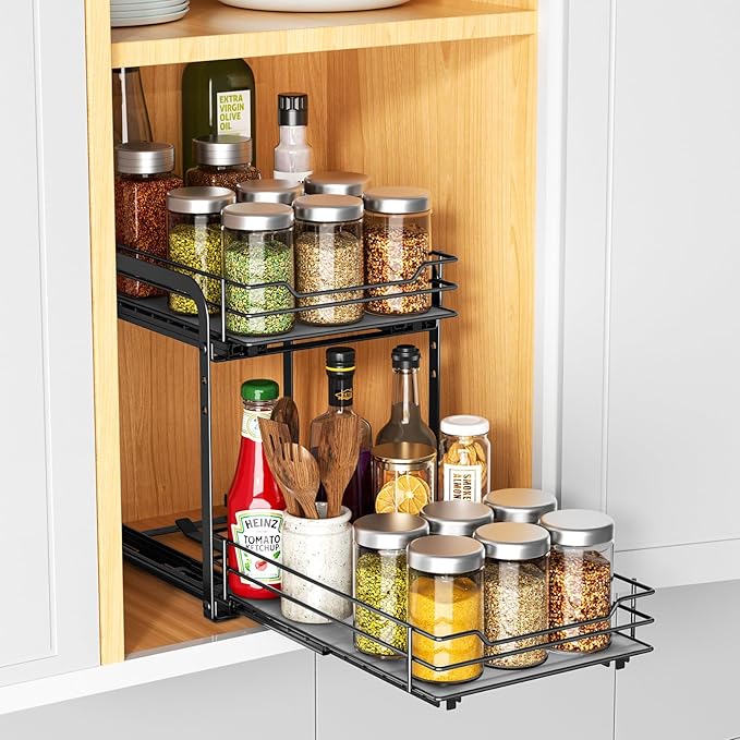RCHYFEED Spice Rack, 2 Tier Pull out Cabinet Spice Organizer, Height Adjustable Slides out Ultra-smooth Racks for Spice Organization, Seasoning Organizer for Inside Cabinets(7.5" Wx10.5 Dx9.5 H)