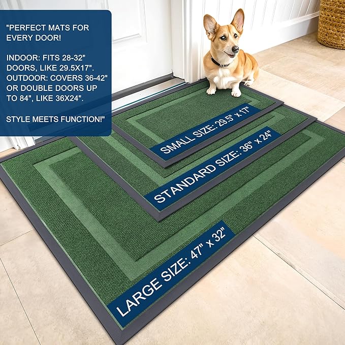 OLANLY Front Door Mat Indoor Outdoor Entrance, Waterproof All-Season, All-Weather Doormat, Sturdy Natural Rubber, Fade Resistant, Low Profile, Easy Clean Patio Porch Entryway Mat, 71x47, Green