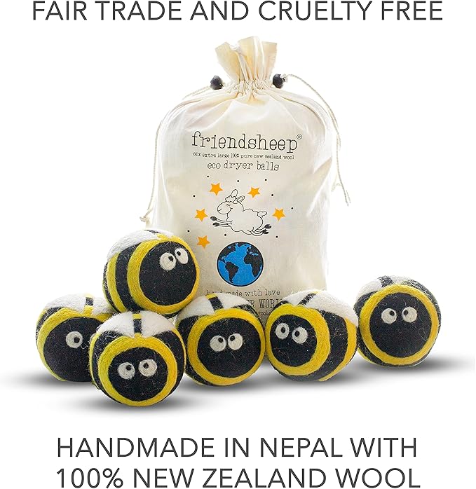 Friendsheep Wool Dryer Balls 6 Pack XL Organic Premium Reusable Cruelty Free Handmade Fair Trade No Lint Fabric Softener Honey Bee Bumblebee - Busy Bees