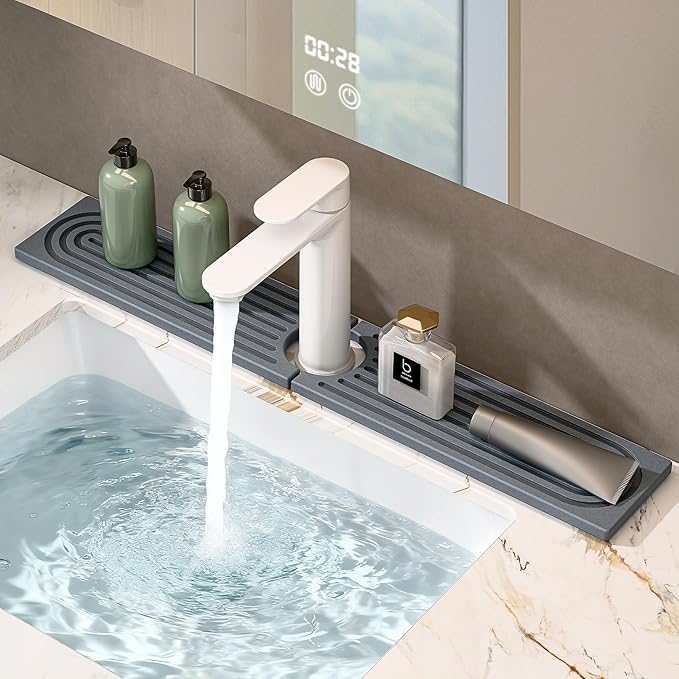 Stone Drying Mat for Kitchen Counter, Faucet Mat for Kitchen Sink, Diatomite Quick Drying Tray, Faucet Splash Guard for Bathroom Counter, Kitchen Drying Mat (DARK GREY, 23.6 * 4")