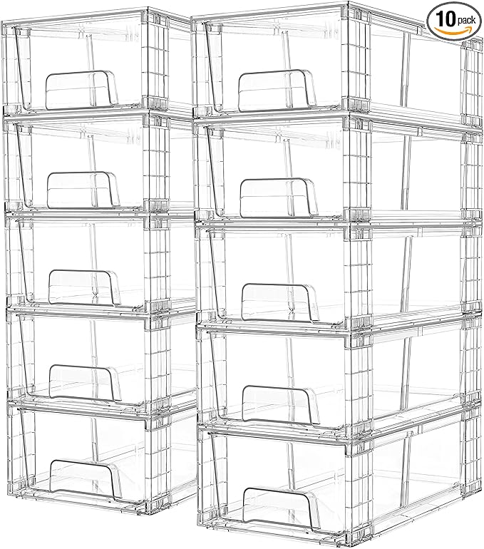 Vtopmart 10 Pack Stackable Storage Drawers,Clear Acrylic Drawer Organizers with Handles, Easily Assemble Containers for Fridge, Bathroom,Kitchen Undersink,Cabinet,Pantry Organization and Storage