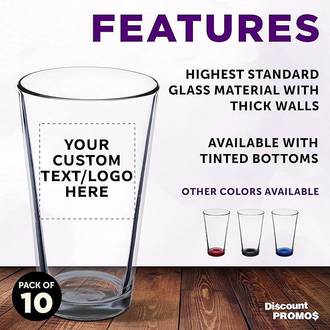 Custom Libbey Pint Glass 16 oz. Set of 10, Personalized Bulk Pack - Beer Glasses, Heavy Duty Drinkware - Clear