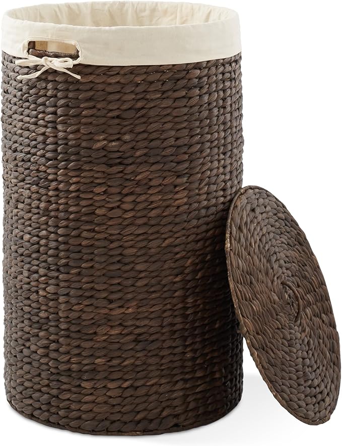 Casafield Round Laundry Hamper with Lid and Removable Liner Bag - Espresso, Woven Water Hyacinth Wicker Laundry Basket for Clothes and Towels