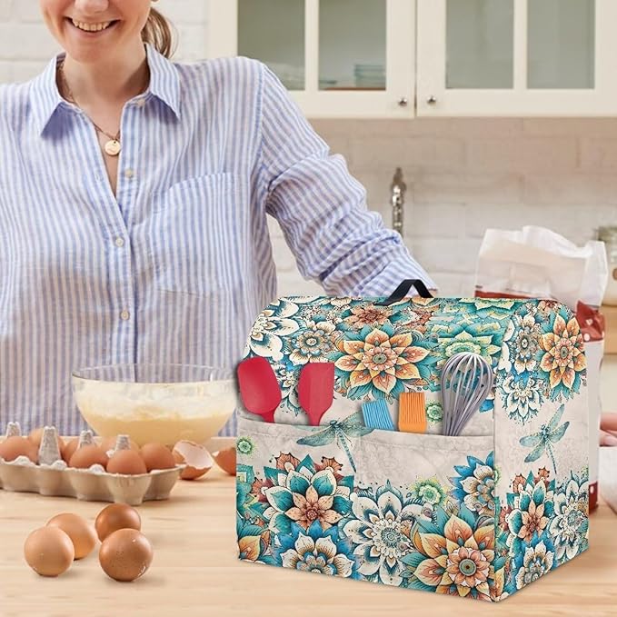 Stand Mixer Covers Compatible with 4.5-5 Quarts Boho Flower with Dragonfly Kitchen Aid Stand Mixer Dust Protector Cover Organizers with Handle Pocket