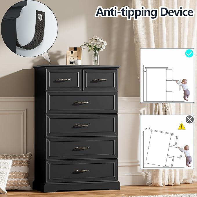 6 Drawer Dresser for Bedroom, 49" Tall Wooden Chest of Drawers, Rustic Farmhouse Dresser with Large Drawers & Metal Handles, Modern Storage Organizer for Closet, Living Room, Hallway, Black