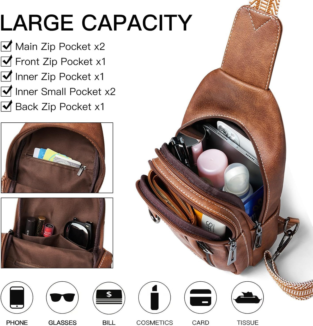 7L Sling Bag for Women Men Leather Small Sling Backpack Daypack Anti Theft Fanny Pack Crossbody Purse Travel