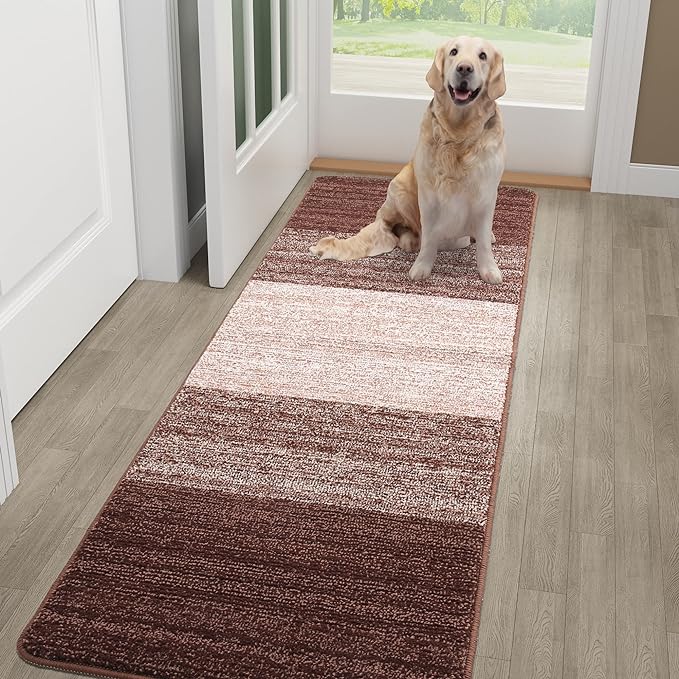 Kitinjoy Indoor Outdoor Door Mat, 48x30 Non-Slip Absorbent Dirt Trapper, Low-Profile Washable Inside Entrance Front Floor Mat, Sturdy Soft Entry Doormats for Entryway, Brown