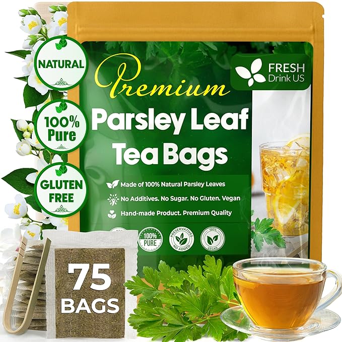 FreshDrinkUS, Premium 75 Parsley Leaf Tea Bags, 100% Natural & Pure from Parsley Leaves. Loose Leaf Parsley Herbal Tea. Made with Natural Material Tea Bags. No Sugar, No Caffeine, No Gluten, Vegan.