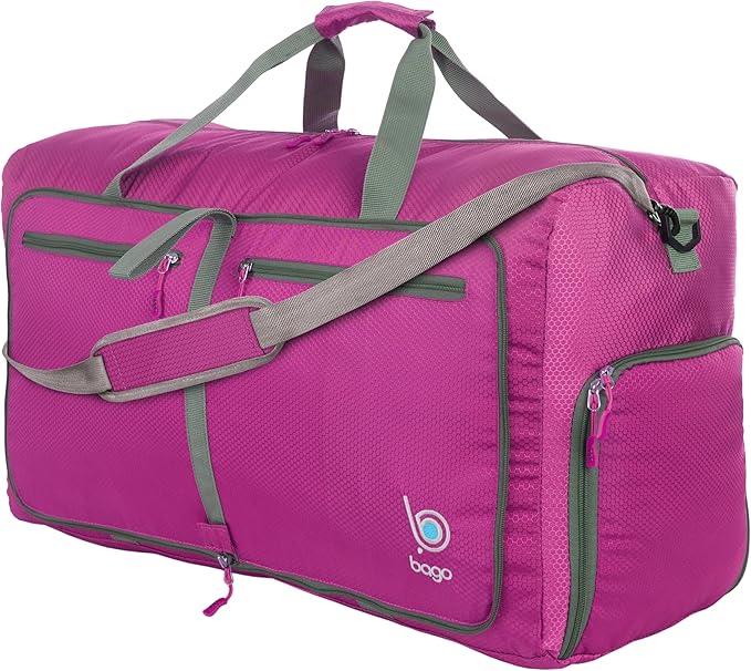 Bago Foldable Duffel Bags for Traveling Women & Men - 60L Medium Packable Duffle Bag for Travel with Shoe Compartment - Water Repellant, Heavy Duty, Lightweight Folding & Collapsible (Pink)